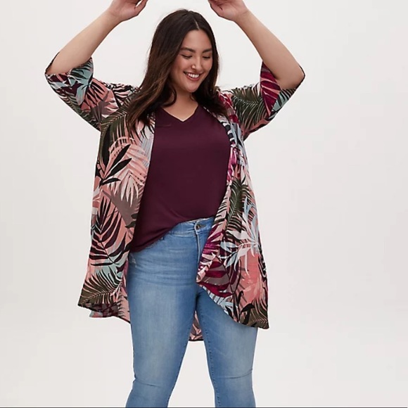 DUSTY CORAL & MULTI LEAF CRINKLE GAUZE KIMONO - Picture 2 of 4